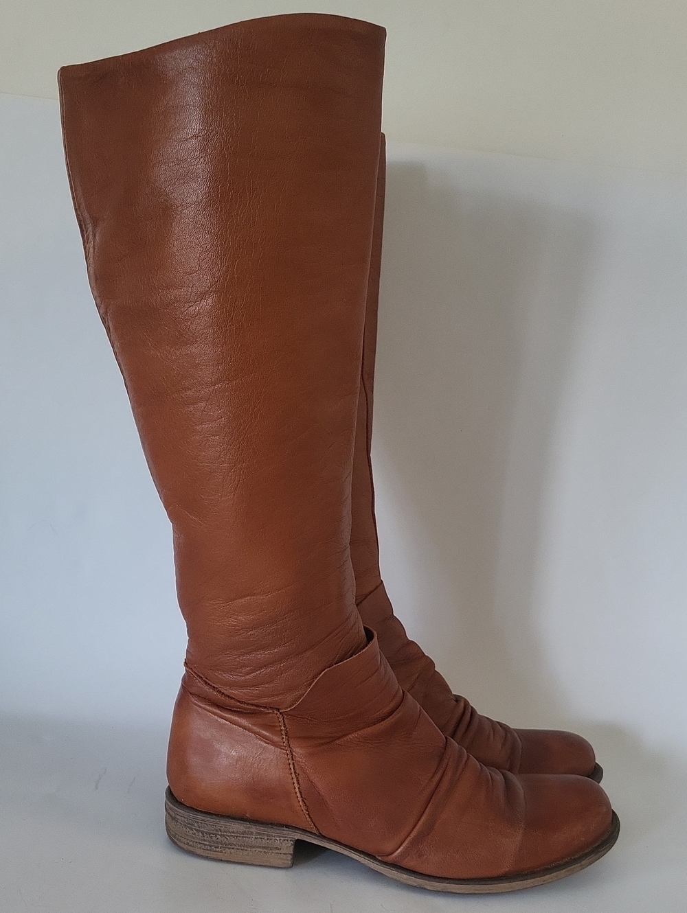 Miz Mooz Lisbon Leather Knee-High Ruched Boots Cognac Brown